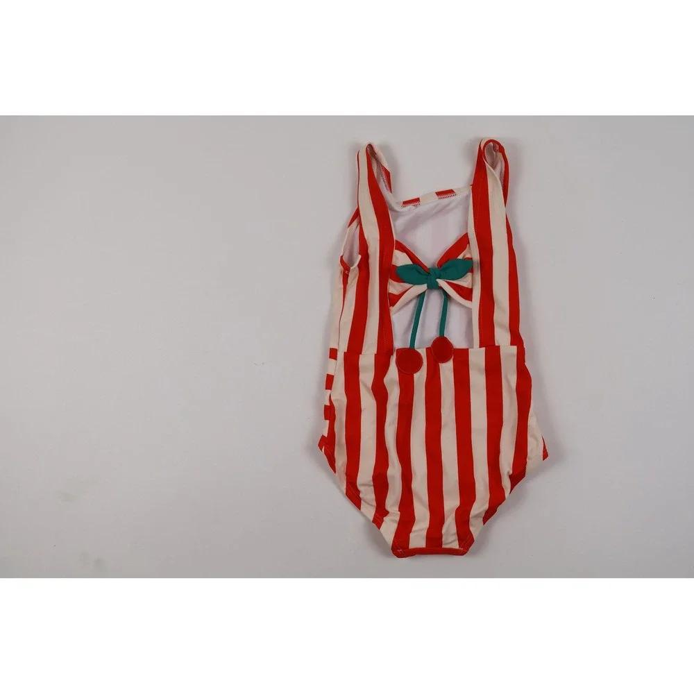 Hanna Andersson Swimsuit One Piece Red White Striped Cherry Bow Size 6-7